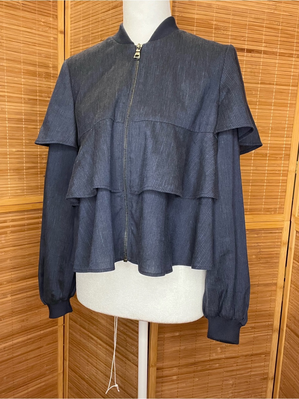 BCBGMaxAzria Navy Ruffle Tiered Bomber Jacket pinstripe